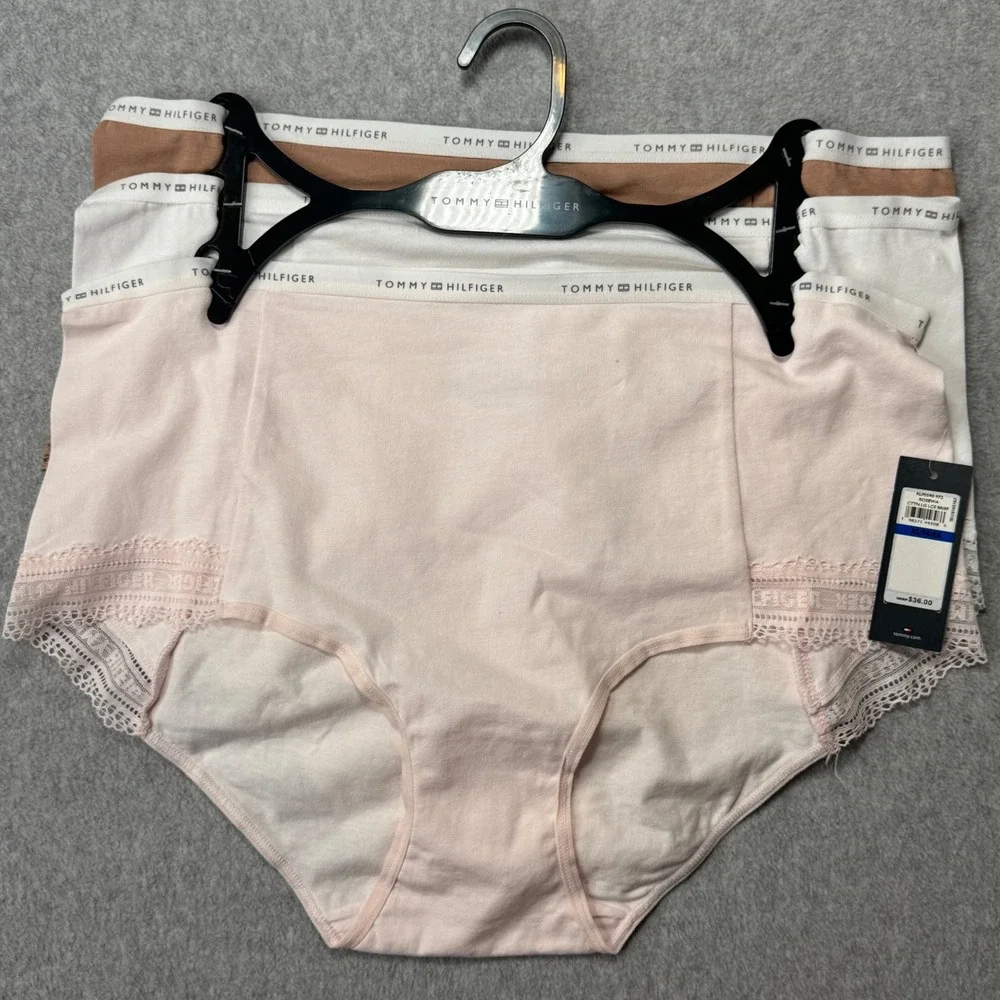 Tommy Hilfiger Womens 3-Pack Lace Trim High Waist Briefs Pink White Brown NWT‎ L